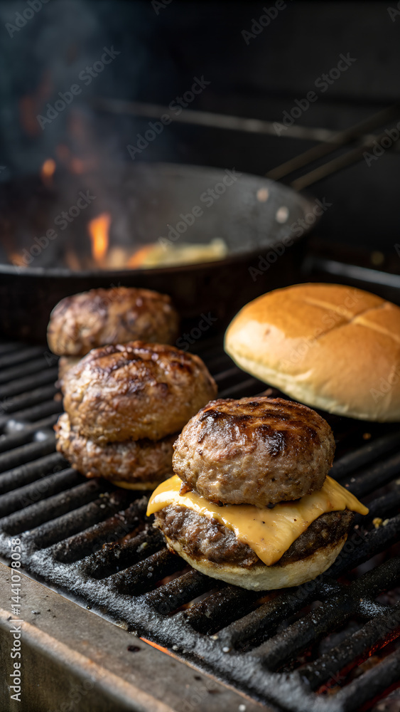 Smash burger with three meatballs waiting to be served on the grill. Copyspace image. Header for website template Smash burger with three meatballs waiting to be served on the grill. Copyspace image. Header for website template
