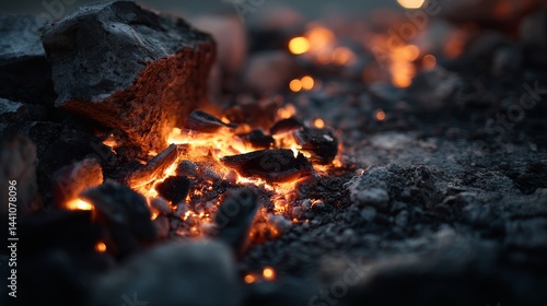 Glowing embers close-up. Soft ash and firelight