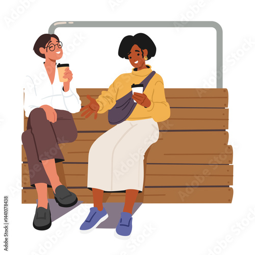 Two young women friends cartoon characters speaking sharing news sitting on wooden park bench