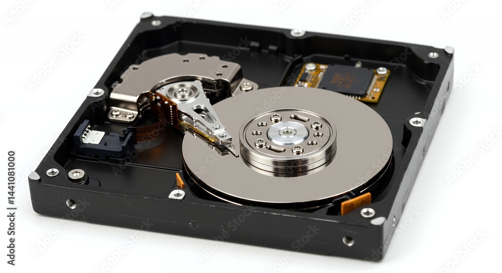 Disassembled Hard Drive with Exposed Magnetic Platters on White Screen Revealing Irreparable Data Failure Metallic Components and Circuitry Damage Detailed Electronic Components and Data Storage Disassembled Hard Drive with Exposed Magnetic Platters on White Screen Revealing Irreparable Data Failure Metallic Components and Circuitry Damage Detailed Electronic Components and Data Storage