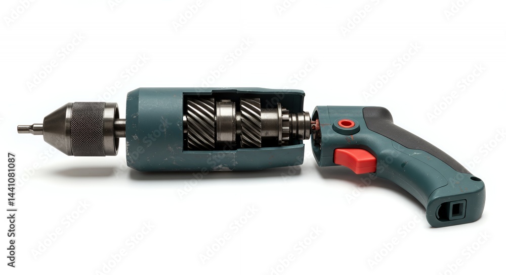 Disassembled Power Drill with Visible Gears on a White Background Showcasing the Internal Mechanics of a Broken Tool Ideal for Advertising and Promotions Disassembled Power Drill with Visible Gears on a White Background Showcasing the Internal Mechanics of a Broken Tool Ideal for Advertising and Promotions