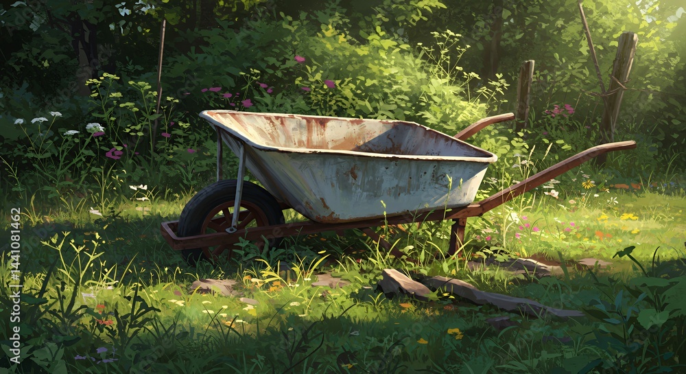 Discarded Broken White Wheelbarrow in Lush Garden With Wildflowers Evoking Abandoned Dreams Theme Perfect for Decoration and Illustrating Themes of Decay Repair Reuse Discarded Broken White Wheelbarrow in Lush Garden With Wildflowers Evoking Abandoned Dreams Theme Perfect for Decoration and Illustrating Themes of Decay Repair Reuse