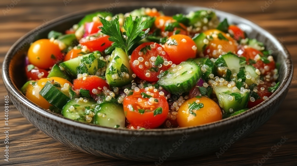 Fresh Quinoa Salad with Cherry Tomatoes and Cucumber in a Rustic Bowl Fresh Quinoa Salad with Cherry Tomatoes and Cucumber in a Rustic Bowl