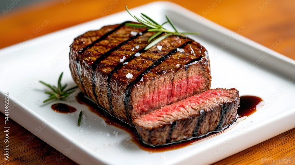 Balsamic glazed steak sliced on minimalist white plate showing medium-rare interior with artistic reduction drizzles, rosemary garnish and flaky salt under natural light on wooden table Balsamic glazed steak sliced on minimalist white plate showing medium-rare interior with artistic reduction drizzles, rosemary garnish and flaky salt under natural light on wooden table