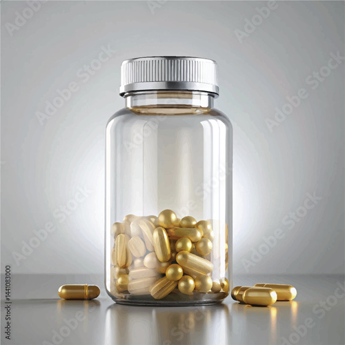 suppliments,3d suppliments bottle,realistic suppliments, transparent suppliment bootlles, tablets, multiple bottles,medicine,without label,glass jar multi color,capsules, omega 3 capsules, vitamins,  