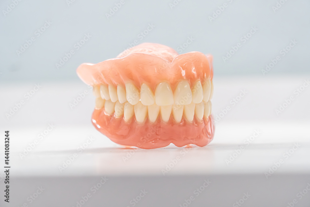 Obraz premium Close-up of a dental prosthetic model with artificial teeth and gums on a wooden surface. Ideal for dental care imagery
