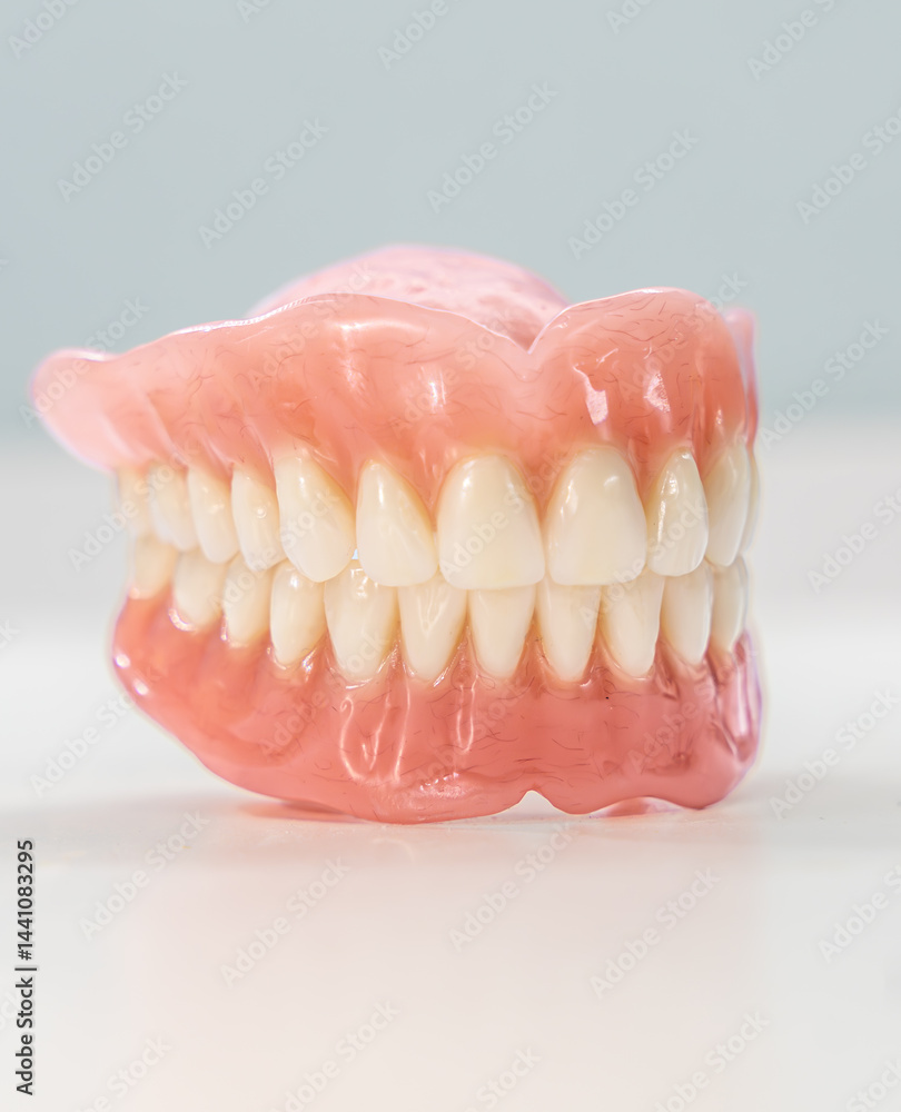 Obraz premium Close-up of a dental prosthetic model with artificial teeth and gums on a wooden surface. Ideal for dental care imagery