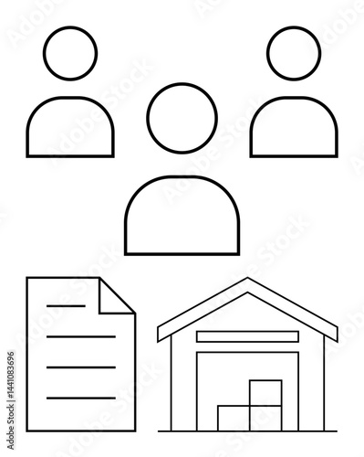 Three people, document, warehouse outline with boxes convey teamwork, organization, inventory, logistics. Ideal for supply chain, planning distribution storage operations collaboration. Flat