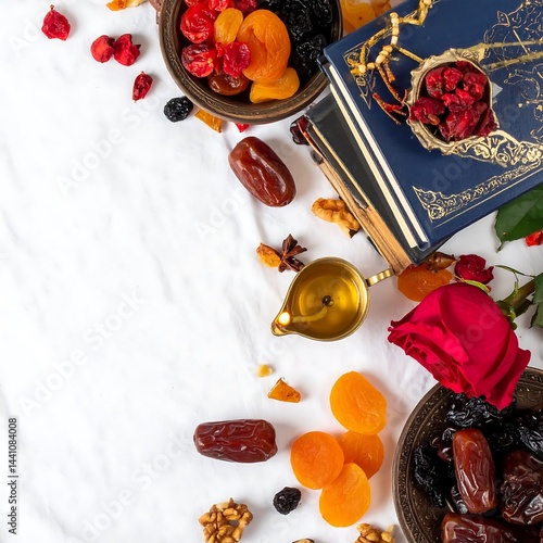Realistic Image of Traditional Parsi Ritual Items and Food Flatlay for Navroz Poster