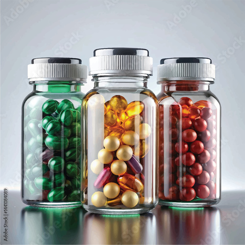 suppliments,3d suppliments bottle,realistic suppliments, transparent suppliment bootlles, tablets, multiple bottles,medicine,without label,glass jar multi color,capsules, omega 3 capsules, vitamins,  