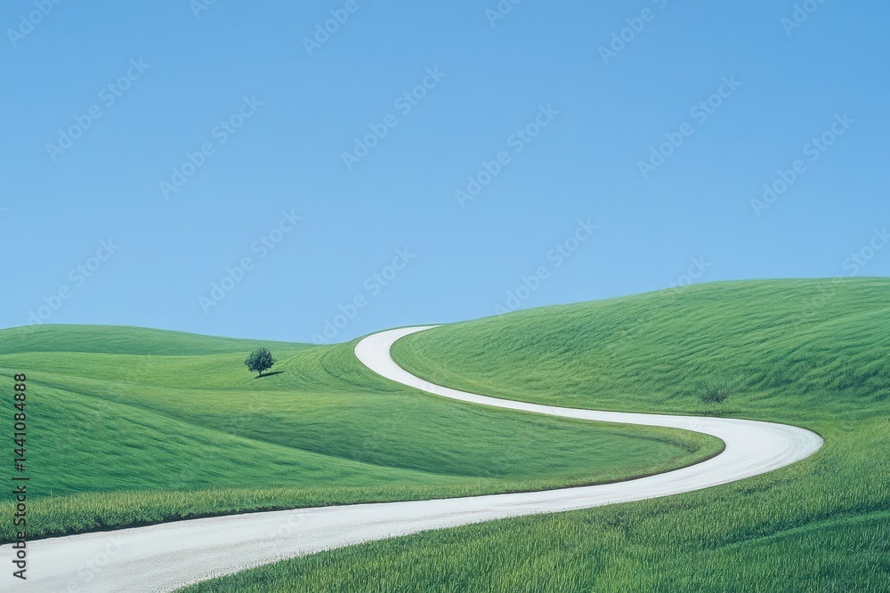 Fototapeta premium Winding Road Lined with Cypress Trees Through Green Fields Under Blue Sky