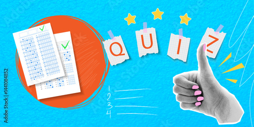 Trendy halftone collage. Female hand showing thumb up. Quiz, exam or test with correct answers and green check mark in the task. Vector banner, poster in halftone dot style