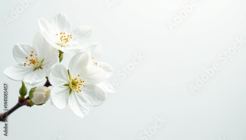 Delicate white blossoms against pure white backdrop, still life, background