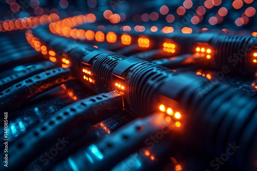 Close-up of glowing network cables with bright orange lights in a dark server environment.