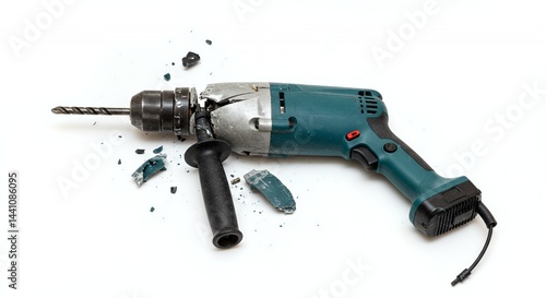 Fractured Teal and Gray Power Drill on White Background for Recycle Ads Promotion and Presentation