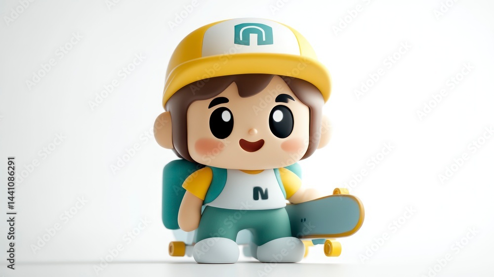 A cheerful cartoon character with a skateboard wearing a cap and backpack ready for adventure A cheerful cartoon character with a skateboard wearing a cap and backpack ready for adventure