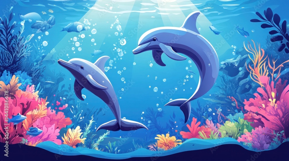 Fototapeta premium Dolphins playing in vibrant coral reef