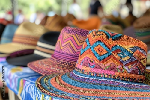 Colorful Handwoven Ponchos and Hats Displayed at Artisan Market