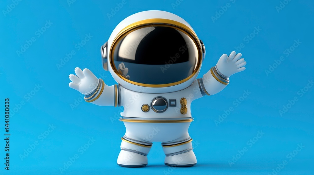 Naklejka premium A cheerful astronaut in a space suit waving against a vibrant blue background perfect for them