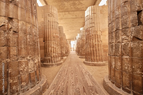 Saqqara, Egypt - January 2, 2024: Colonnade corridor to complex of the Djoser Step Pyramid at the Saqqara Necropolis
