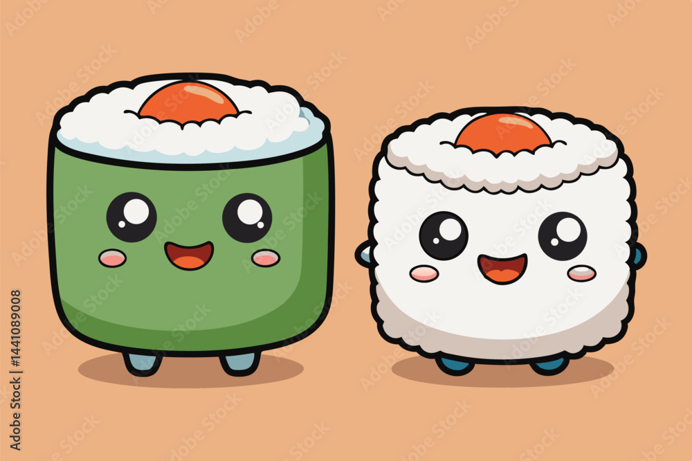 Fototapeta premium Cute vector illustration of smiling sushi characters with happy expressions, ideal for food-related graphics or children's designs