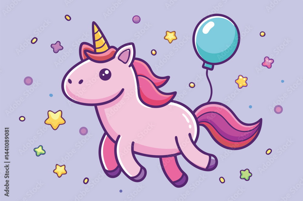 Fototapeta premium Colorful unicorn with a balloon surrounded by confetti in a playful celebration setting