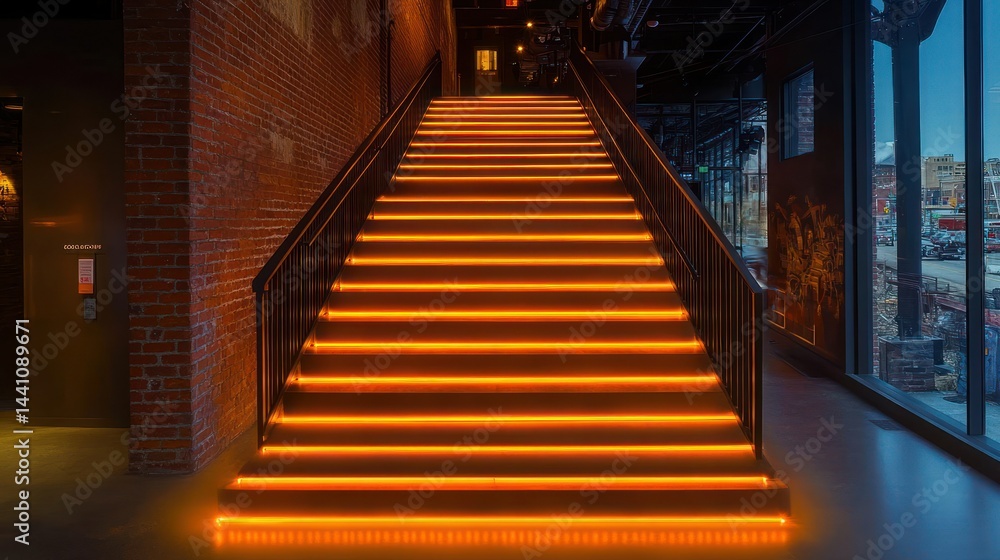 Fototapeta premium Illuminated Staircase in Industrial-Style Interior