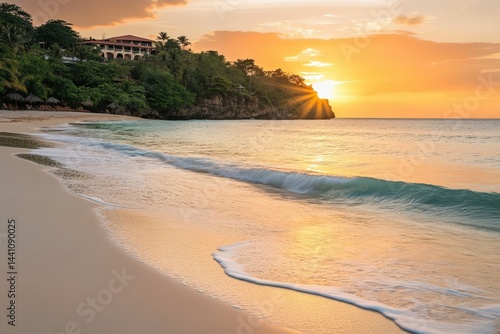 Fototapeta Naklejka Na Ścianę i Meble -  Sunset Over Tranquil Caribbean Beach with Orange Sky and Gentle Waves