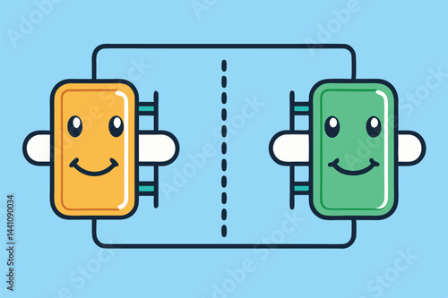 Creative vector illustration of playful characters connected by lines in a cheerful arrangement on a vibrant pink background showcasing interactivity and fun
