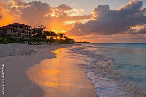 Fototapeta Naklejka Na Ścianę i Meble -  Serene Caribbean Beach Sunset with Orange Sky and Gentle Waves
