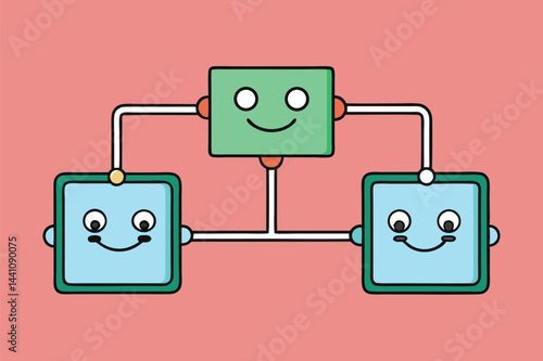 Creative vector illustration of playful characters connected by lines in a cheerful arrangement on a vibrant pink background showcasing interactivity and fun