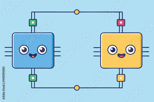 Creative vector illustration of playful characters connected by lines in a cheerful arrangement on a vibrant pink background showcasing interactivity and fun