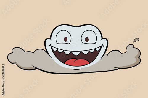 Happy cartoon character peeking over clouds with a big smile in a light brown background, expressing joy and playfulness