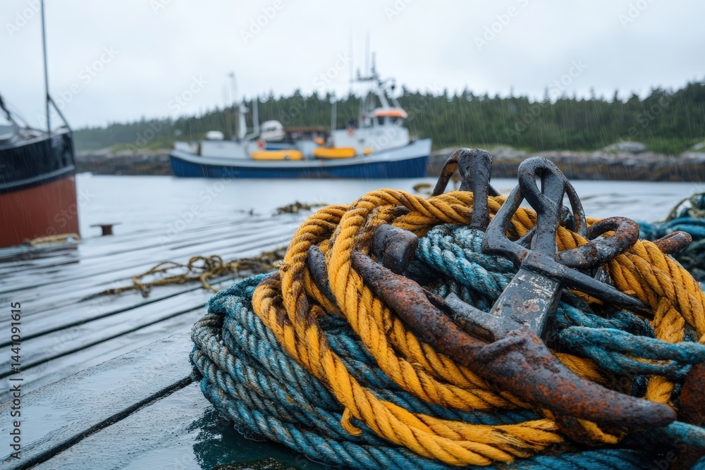 Obraz premium Rusty Anchors and Coiled Ropes on Wet Dock by Calm Coastal Waters