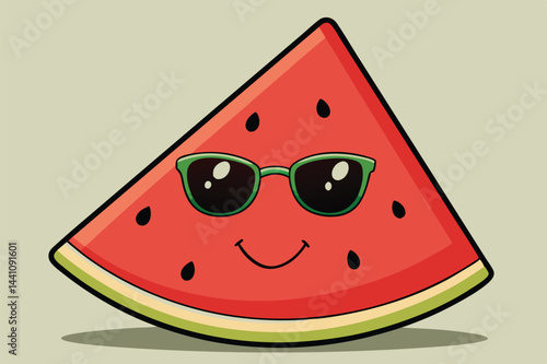 Cheerful watermelon character wearing sunglasses and holding a cane, showcasing a playful summer vibe in a vibrant vector illustration