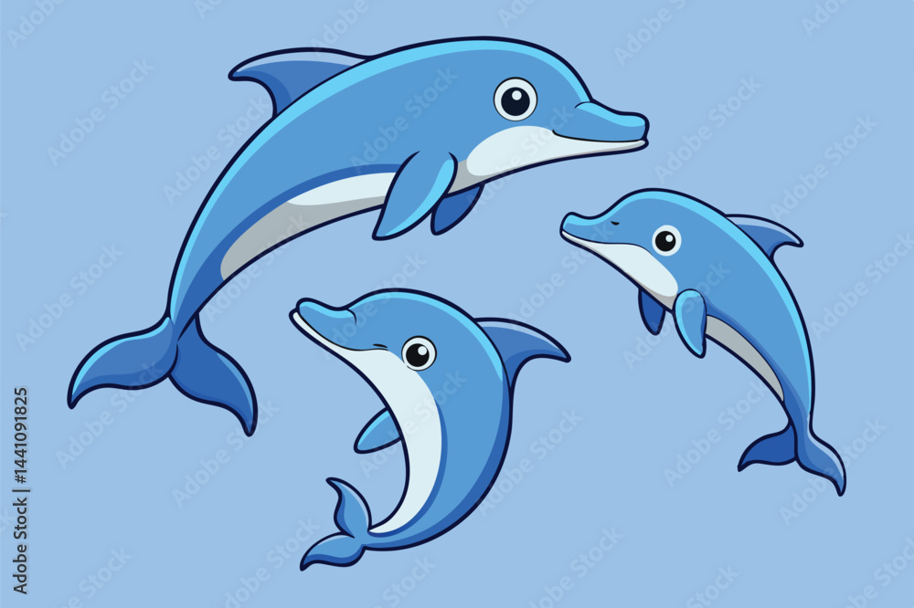 Fototapeta premium Illustration of playful dolphins swimming in a vibrant blue ocean surrounded by bubbles, depicting a joyful underwater scene