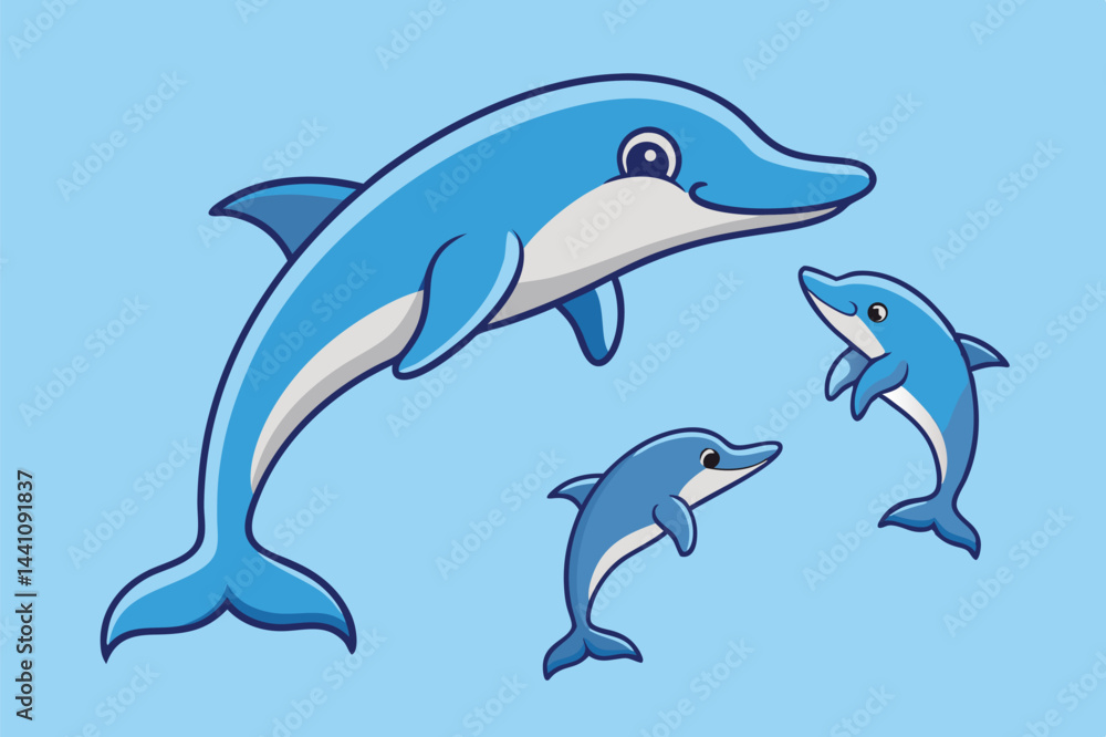 Illustration of playful dolphins swimming in a vibrant blue ocean surrounded by bubbles, depicting a joyful underwater scene