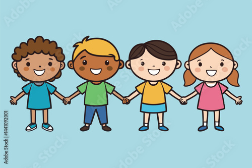 Diverse group of children holding hands in a cheerful and inclusive illustration for friendship and unity themes