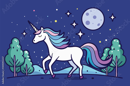 Magical unicorn prancing under a starry night sky surrounded by colorful trees in a whimsical landscape