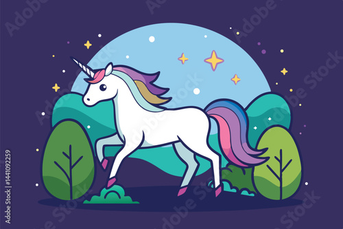 Magical unicorn prancing under a starry night sky surrounded by colorful trees in a whimsical landscape