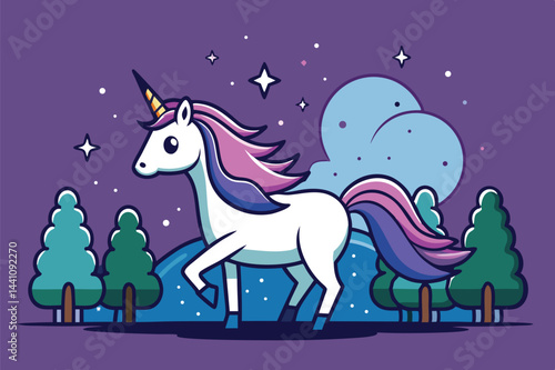 Magical unicorn prancing under a starry night sky surrounded by colorful trees in a whimsical landscape