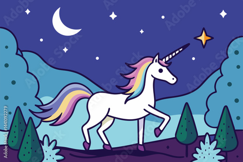 Magical unicorn prancing under a starry night sky surrounded by colorful trees in a whimsical landscape