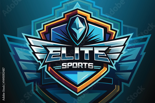 Vector illustration of a dynamic sports logo design featuring a shield, wings, and a bold emblem representing elite competition and athletic excellence