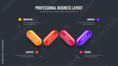 Financial Proposal 4 Step Infographic Presentation Design. Consulting Insight Four Element Diagram Frame Layout. Investor Launch Slideshow Template Vector Illustration.