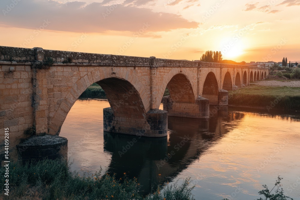 Fototapeta premium Ancient Stone Bridge Over River in Historic Spanish Town at Sunset