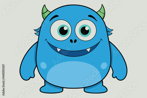 Vector illustration of a friendly blue monster character with big eyes and a wide smile on a light green background, perfect for children's designs and playful themes