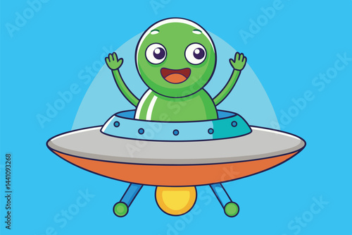 Cheerful green alien waving from a colorful spaceship in a bright blue background illustration designed for fun and creativity