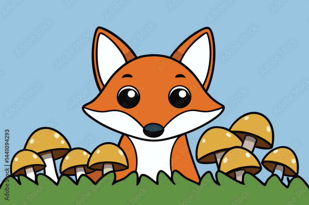 Obraz premium Cute fox character surrounded by mushrooms in a playful vector illustration