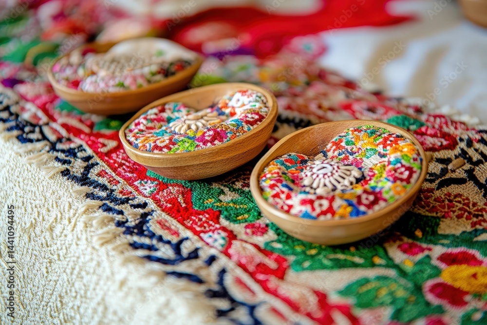 Handmade Wooden Castanets on Colorful Embroidered Fabric at Cultural Fair Handmade Wooden Castanets on Colorful Embroidered Fabric at Cultural Fair