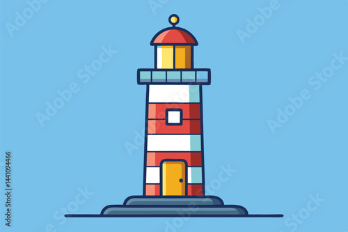 Bright vector illustration of a colorful lighthouse standing on green grass against a vibrant blue sky showcasing its location by the sea